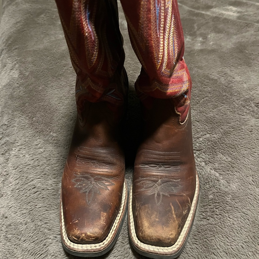 Tony Lama Brown Leather Cowboy Boots with Red Shaft - Picture 3 of 6
